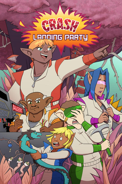 Cover for a comic called Crash Landing Party. 5 aliens in colored jumpsuits stand in a jungle, reacting to separate things.